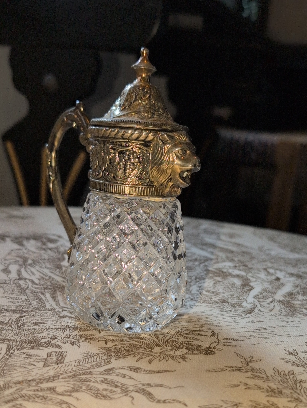 Cut Crystal Pitcher with Ornate Lion-Head Silver-Tone Lid